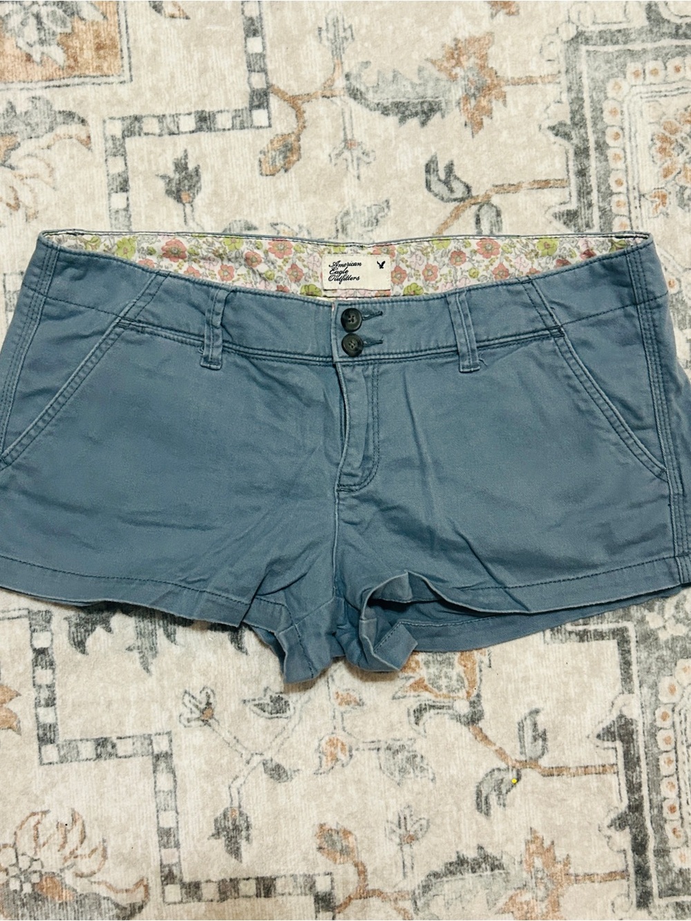 Y2KWomen's Slate Blue Casual Low Rise Mini Shorts with Floral Waistband